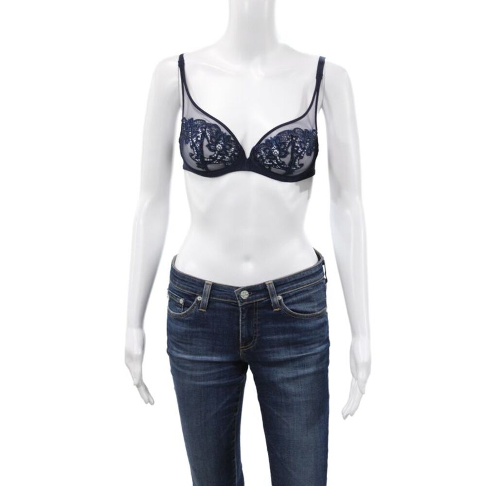 Simone Perele Womens Floral Lace Saga Full Coverage Plunge Bra Blue Size 32B